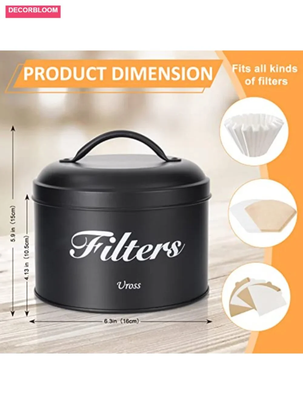 Rustic Metal Coffee Filter Holder with Lid Storage Canister